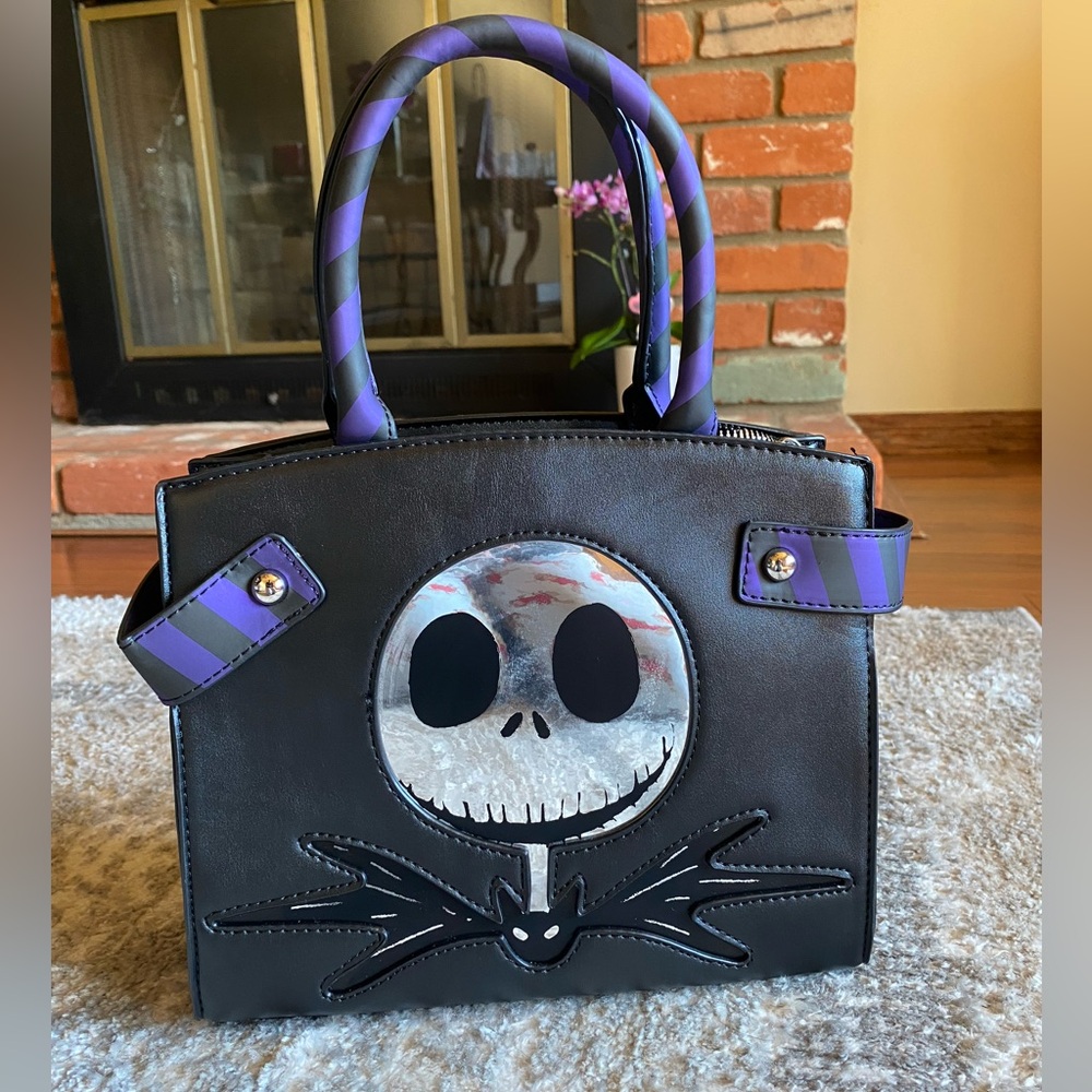 Disney Black Satchel with Purple Striped Handles and Jack Skellington Appliqué